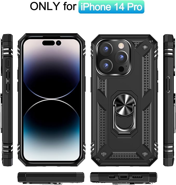 ADDIT Phone Case for iPhone 14 Pro Case,with Kickstand Ring,Adjustable Stand,Military Grade,Heavy Duty Protection,Shockproof,Anti-Fingerprint,Support Magnet Car Mount,Black
