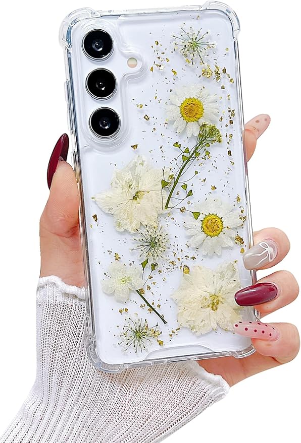 Compatible with Samsung Galaxy S25 Plus Case Cute Pressed Dried Real Flowers Women Girly Shockproof Glitter Floral Clear Phone Cover S25+ (White Flower)