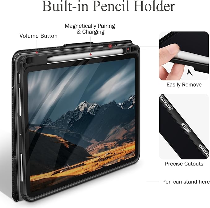 auaua Case for iPad Pro 11 Inch (M4) 2024 5th Gen (Model: A2836/A2837/A3006), with Pencil Holder and Pocket, Multiple Angles Viewing, Magnetic Closure, Auto Sleep/Wake (Black)