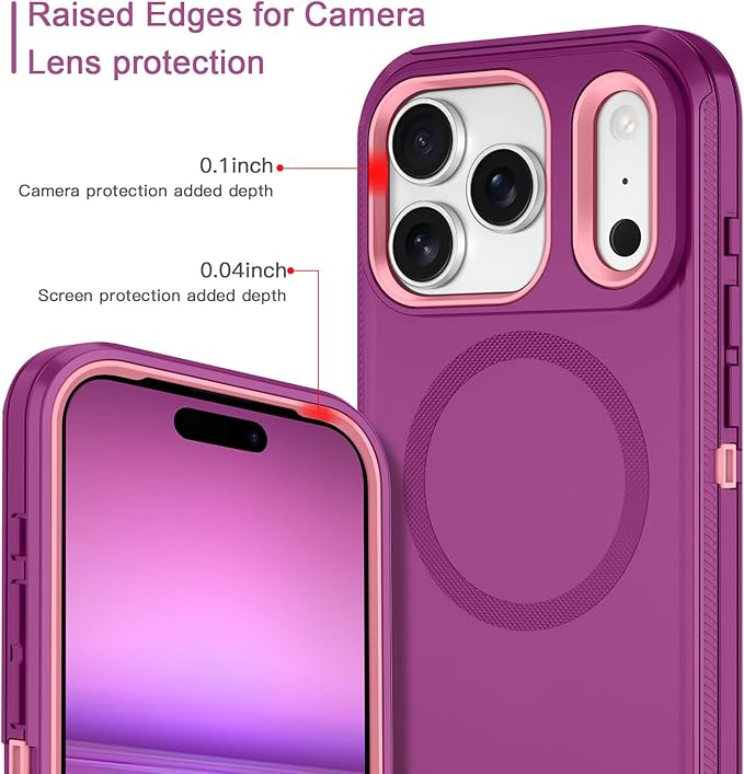 for iPhone 17 Pro Max Case [Compatible with MagSafe] Shockproof 3-Layer Full Body Protection [Without Screen Protector] Rugged Heavy Duty Cover Case for Apple iPhone 17 Pro Max,Purple/Pink
