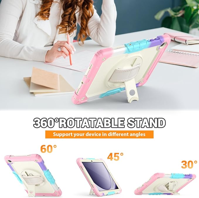 SEYMAC Case for Samsung Galaxy Tab A9+/ A9 Plus 11" (SM-X210/X216/X218), Heavy Duty Shockproof Protective Case with Screen Protector, Rotating Stand, Hand/Shoulder Strap, Pink