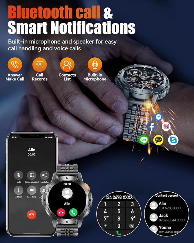 Military Smart Watches for Men with Bluetooth Call, 1.43" AMOLED Waterproof Smartwatch with Flashlight, 111 Sport Modes, 530mAh Heart Rate/SpO2/Sleep Monitor Fitness Tracker for Android iOS