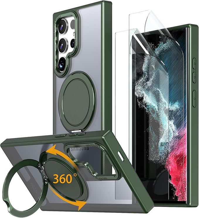 Magnetic Stand Case for Samsung Galaxy S22 Ultra/S23 Ultra [with 2 Screen Protectors] [360° Rotation Magnetic Stand] [Compatible with Magsafe] Military-Grade Drop Protection Case, Green