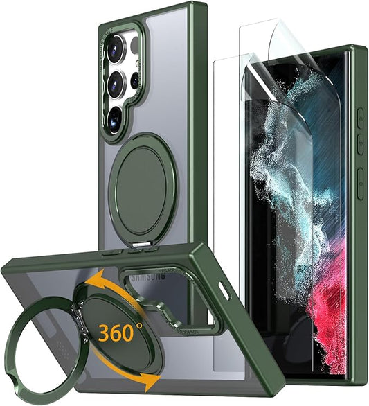 Magnetic Stand Case for Samsung Galaxy S22 Ultra/S23 Ultra [with 2 Screen Protectors] [360° Rotation Magnetic Stand] [Compatible with Magsafe] Military-Grade Drop Protection Case, Green