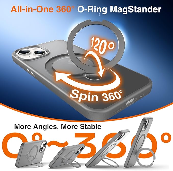 360° O-Ring MagStander for iPhone 13 Case, iPhone 14 Case with Magnetic Stand Ring Holder [Compatible with MagSafe][15FT Military Shockproof] Kickstand iPhone 13/14 Phone Cover Matte Grey