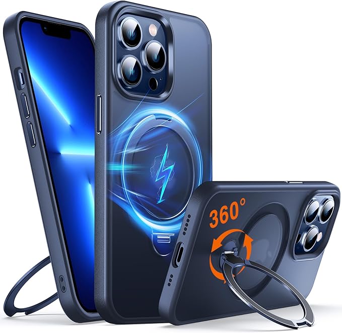 360° O-Ring MagStander for iPhone 13 Pro Case with Magnetic Kickstand Ring Holder [Compatible with MagSafe][360°Rotate Stand Ring][Military Shockproof] iPhone 13 Pro Phone Cover Matte Blue
