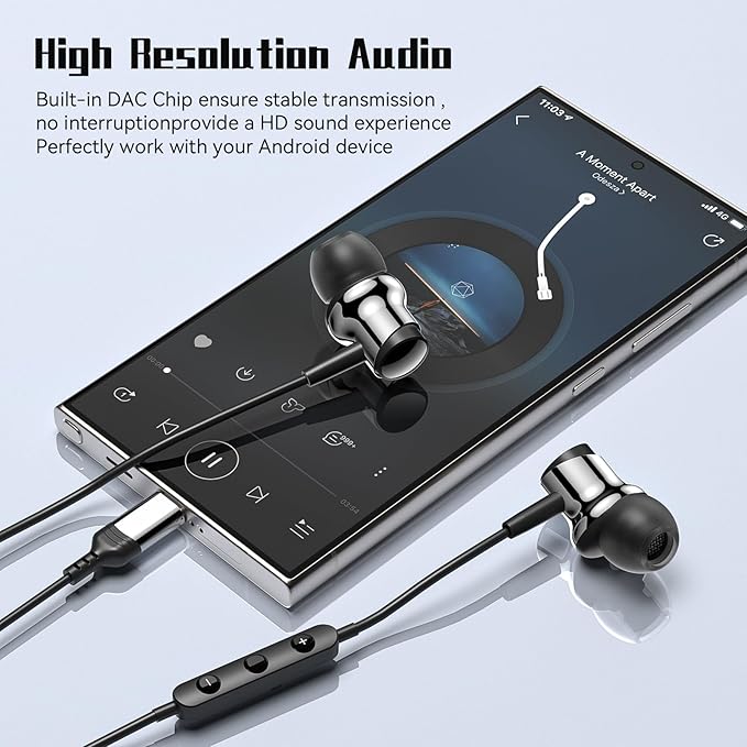 USB C Headphone for Samsung S25 S24 S23 Ultra FE S22 A55 A54 Wired Earbuds Magnetic in-Ear Type C Earphone with Mic Volume Control Stereo Noise Canceling Earbuds for iPhone 17 16 15 Pro Max Pixel 9 8a