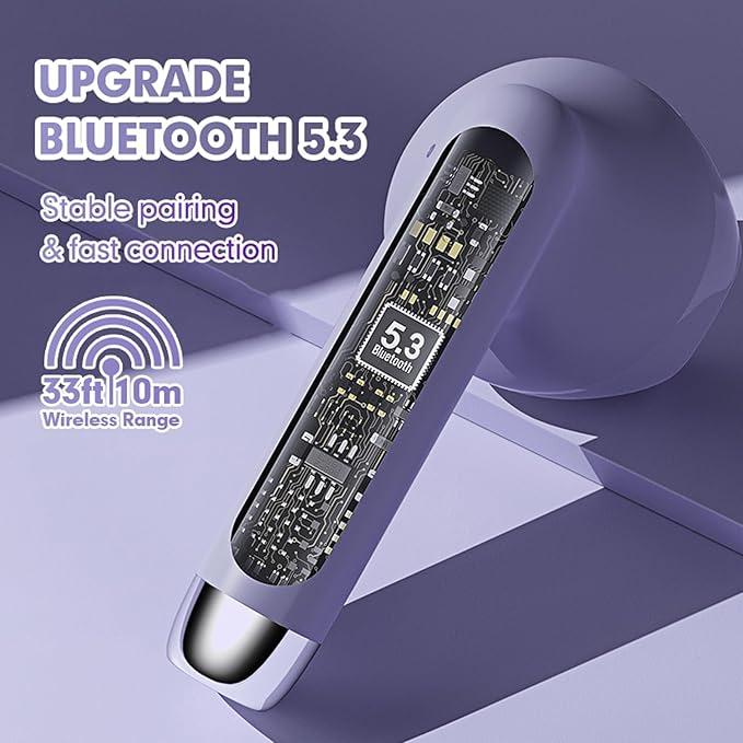 True Wireless Earbuds Purple Bluetooth 5.3 with Microphone for Working Out Noise Canceling Blue Tooth Ear Buds Deep Bass TWS Wireless Earphones with Charging Case in Ear Headphone for iPhone Android
