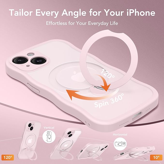 GolbinBox for iPhone 15 Plus Case for Women,[Compatible with Magsafe][360° Spin Magnetic Stand][Cute Wave Edge][Military-Grade Protection] Translucent Matte Phone Case for iPhone 15 Plus, Chalk Pink