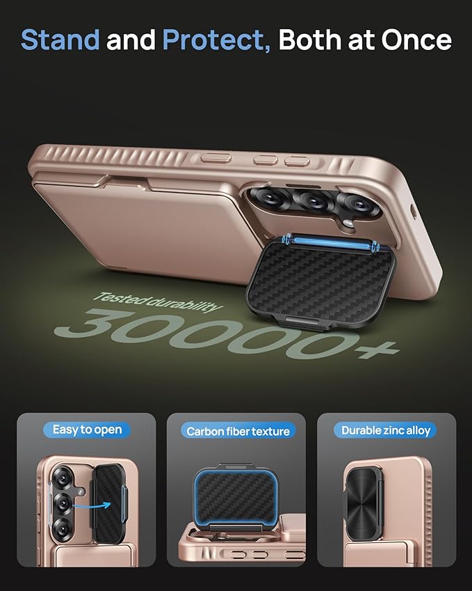 for Samsung Galaxy S25 Case with Card Holder & Camera Lens Cover Stand, Military Grade Drop Protection Shockproof Rugged Kickstand Wallet Protective Phone Case for Samsung S25 2025, Rose Gold