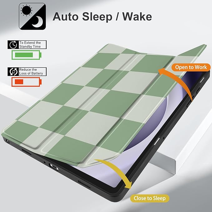 MEEgoodo Case for Samsung Galaxy Tab A9 Plus 11 inch Cover 2024 2023 with S Pen Holder, A9+ Smart Tablet Cases with Leather Trifold Stand+Soft TPU Back Shell+Smart Auto Wake/Sleep, Green Checkered
