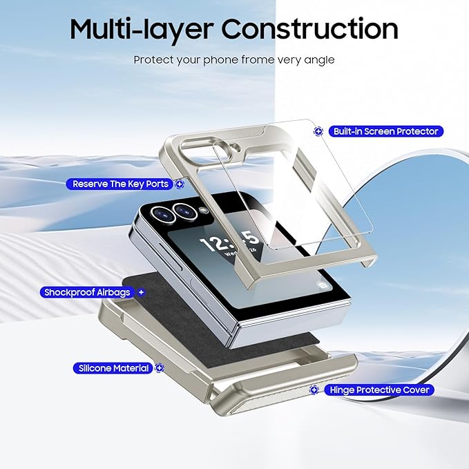 CENMASO for Samsung Galaxy Z Flip 6 Case/Z Flip 7 FE Case with Card Holder [RFID Blocking]& Hinge Protection & Screen Protector, Full-Body Shockproof Phone Case for Z Flip 6/Flip 7 FE-Natural Titanium
