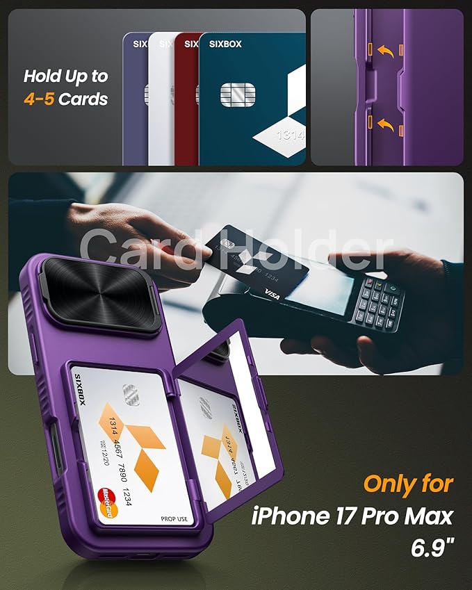 for iPhone 17 Pro Max Case, Built-in Card Holder & Stand & Lens Cover, Military Grade Drop Tested Soft Silicone Edge Rugged Protective Wallet Phone Case for iPhone 17 Pro Max 6.9" 2025, Purple