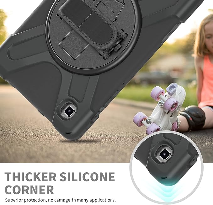 ZenRich Carrying Case for Samsung Galaxy Tab A7 Lite 2021 8.7'' SM-T220/T225/T227, Heavy Duty Rugged Full-Body Protective Case with [360 Rotating Stand] [Hand Strap][Shoulder Belt], Black