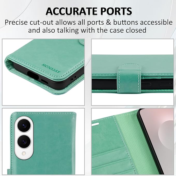MONASAY Wallet Case Fit for Samsung Galaxy S25 Edge 5G，[Lens & Glass Screen Protector] [RFID Blocking] Flip Folio Leather Cell Phone Cover with Credit Card Holder, 6.7 inch, Mint