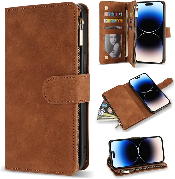 ZZXX for iPhone 14 Pro Case Wallet with [RFID Blocking] Card Slot Premium Soft PU Leather Zipper Flip Folio with Wrist Strap Kickstand Protective Cover for iPhone 14 Pro Wallet Case(Brown-6.1 inch)