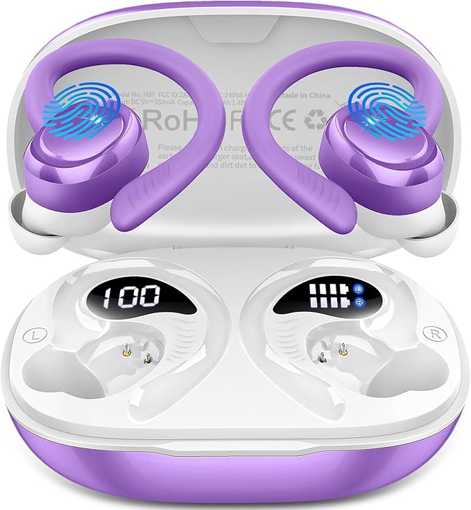 Wireless Earbuds Sport, 2025 Bluetooth 5.4 Headphones with Earhooks, 50H Stereo Deep Bass Over Ear Buds with 4 ENC Noise Canceling Mics, IP7 Waterproof Earphones for Running Workout Gym -Purple