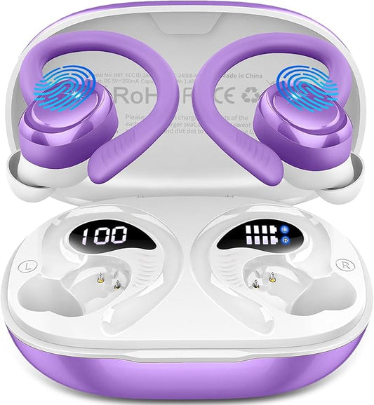 Wireless Earbuds Sport, 2025 Bluetooth 5.4 Headphones with Earhooks, 50H Stereo Deep Bass Over Ear Buds with 4 ENC Noise Canceling Mics, IP7 Waterproof Earphones for Running Workout Gym -Purple