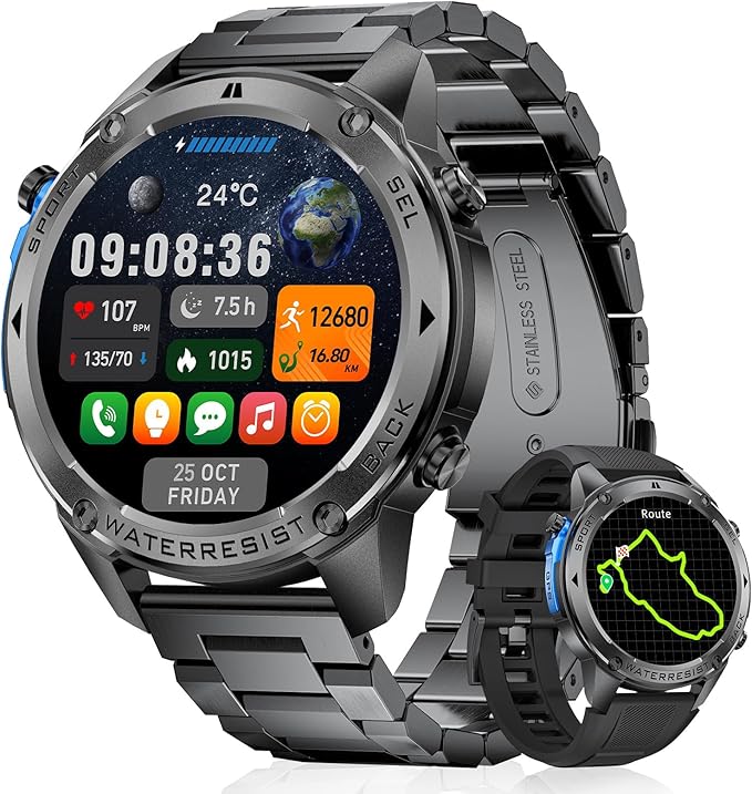 GPS Smart Watch for Men Military Rugged Smartwatches,Compass,50M Waterproof, 500mAh Large Battery,Answer/Make Call, 1.43" AMOLED Screen, Compatible for Android iOS (2 Bands) Black