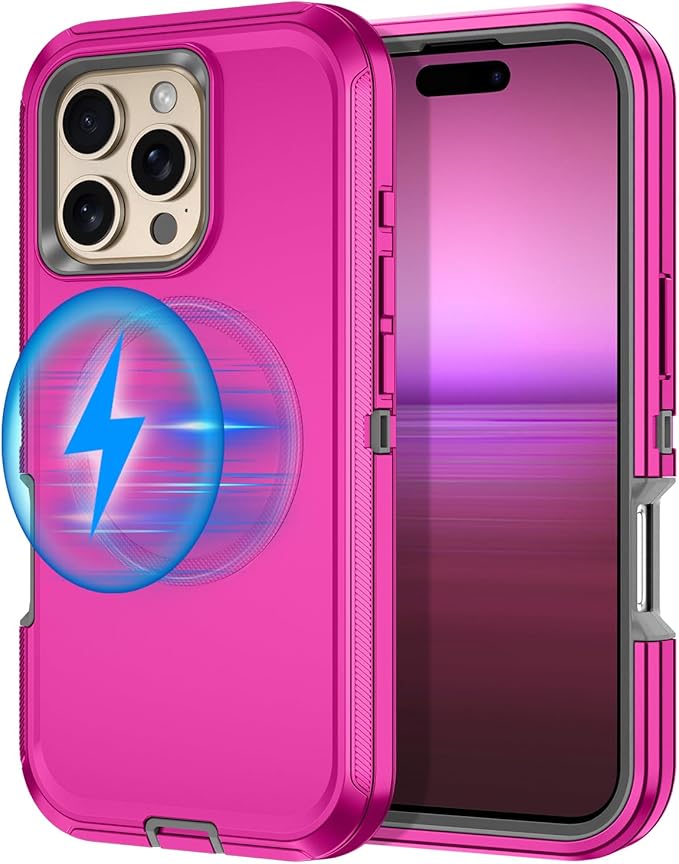 for iPhone 16 Pro Max Case [Compatible with MagSafe] Shockproof 3-Layer Full Body Protection [Without Screen Protector] Rugged Heavy Duty Cover Case for Apple iPhone 16 Pro Max,Rose Red/Grey