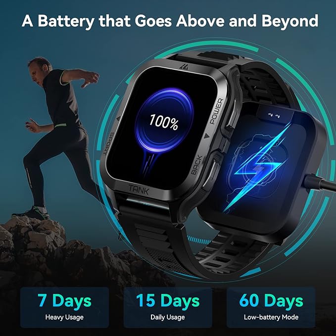 AMAZTIM Smart Watch, 60 Days Extra-Long Battery, 50M Waterproof, Rugged Military Bluetooth Call(Answer/Dial Calls), 1.85" Ultra Large HD Display, AI Voice Assistant, Compatible for Android and iOS