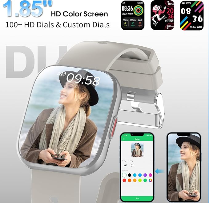 Smart Watch for Men Women Bluetooth Call, 1.85" HD Touch Screen Fitness Watch with Sleep Heart Rate Monitor, 112+ Sports Modes, IP68 Waterproof Activity Trackers for Android iOS, Beige