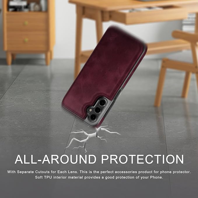 DJDUCK Designed for Samsung Galaxy S25 Case Wallet with Card Holder, [Magnetic Clasp Cover] [RFID Blocking Leather Protection] Shockproof Women Men Cases for Samsung S25 Wine Red