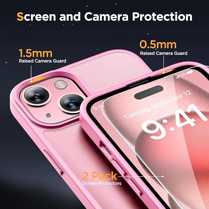 Miracase Magnetic for iPhone 15 Plus Case 6.7 inch (Compatible with MagSafe)（with 2X Screen Protectors） Military-Grade Protection, Anti-Fingerprint Translucent Matte Phone Cover, Mes Pink