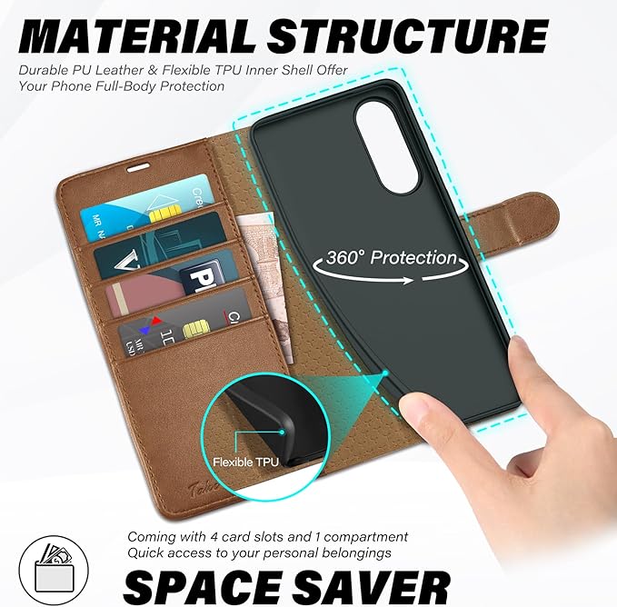 TUCCH Case Wallet for Galaxy S25 Edge, Magnetic PU Leather Kickstand RFID Blocking [4 Card Slots] Protective Flip Cover with [TPU Shockproof Interior Case] Compatible with Galaxy S25 Edge 6.7", Brown