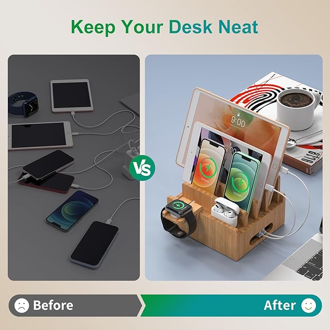 Pezin & Hulin Bamboo Charging Station for Multiple Devices with 5 Port USB Charger, 5 Cables, Smart Watch & Earbuds Stand, Desk Docking Stations Electronic Organizer for Cell Phone, Tablet