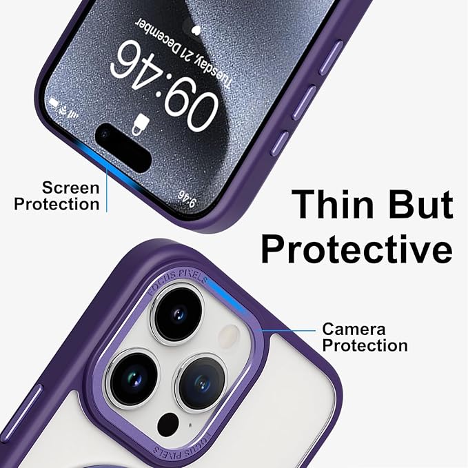 ZIYE Magnetic Case for iPhone 15 Pro Max Case with Stand [Compatible with MagSafe] Slim Shockproof Military Grade Heavy Duty Cover with 360 Rotatable Ring Kickstand for Women Men, Translucent Purple
