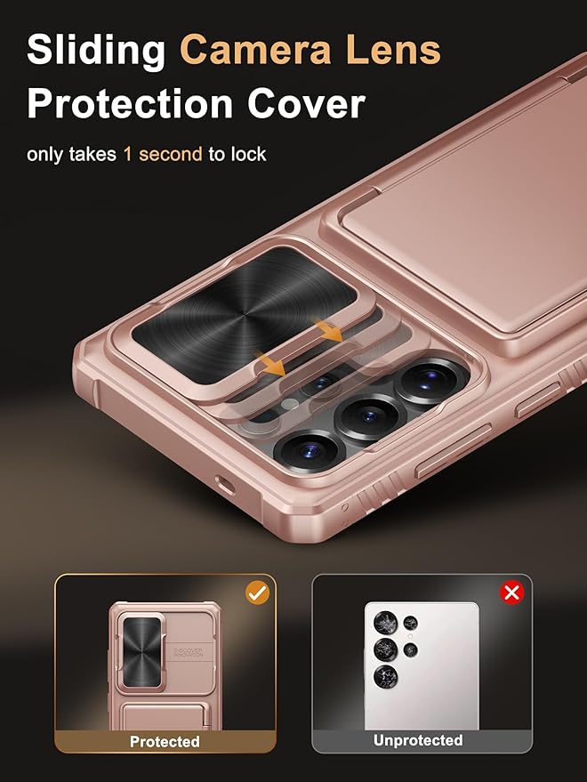 Vihibii for Samsung Galaxy S25 Ultra Case with Card Holder (4 Cards), [RFID Blocking] & Slide Camera Cover, Military Grade Drop Protection, Rugged Wallet Cover for Samsung Galaxy S25 Ultra, Rose Gold
