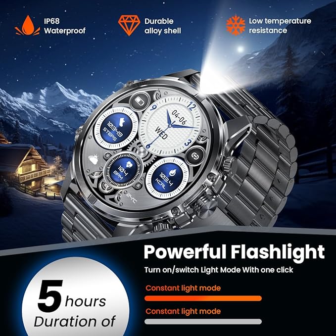 Indestructible Military Smart Watches for Men (Answer/Make Call) 1.85 Amoled IP67 Waterproof Smartwatch with Flashlight 129 Sports Mode Fitness Tracker 100 Days Battery for Android iPhone Black