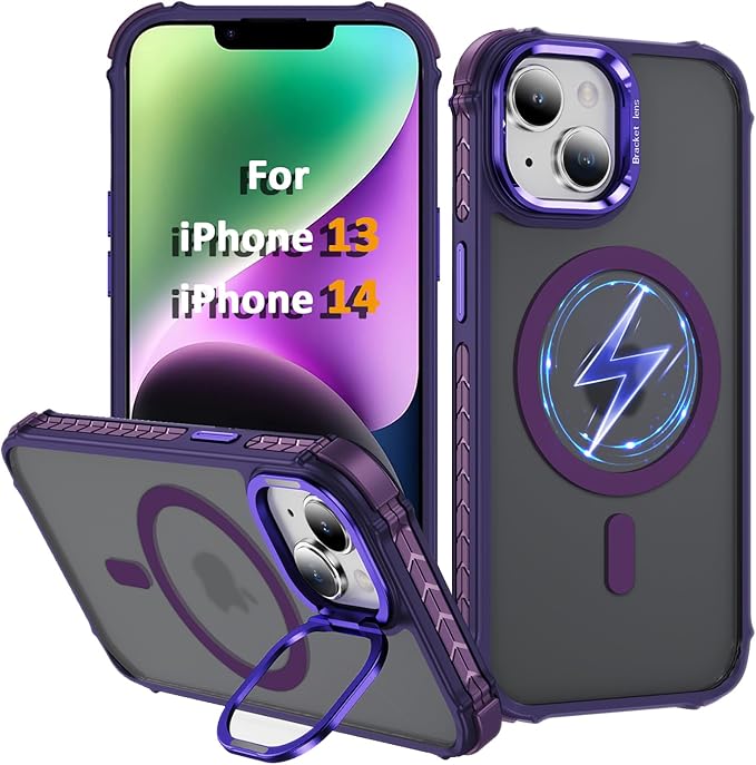 Magnetic for iPhone 14 Case/iPhone 13 Case Purple with MagSafe Wireless Charging Military-Grade Shockproof Protection Adjustable Kickstand Slim Matte Anti-Fingerprint Cover Men Women