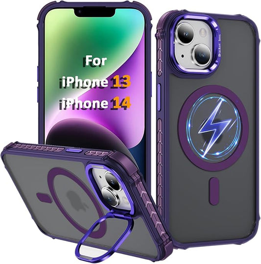 Magnetic for iPhone 14 Case/iPhone 13 Case Purple with MagSafe Wireless Charging Military-Grade Shockproof Protection Adjustable Kickstand Slim Matte Anti-Fingerprint Cover Men Women