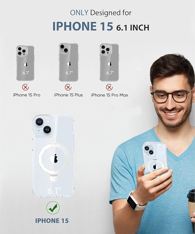 Compatible with iPhone 15 Case, Built-in Screen Protector & Seamless Stand, with Camera Lens Protector, Strong Magnetic Clear Phone Case, Full Body Protective Cover for 6.1" (Clear)