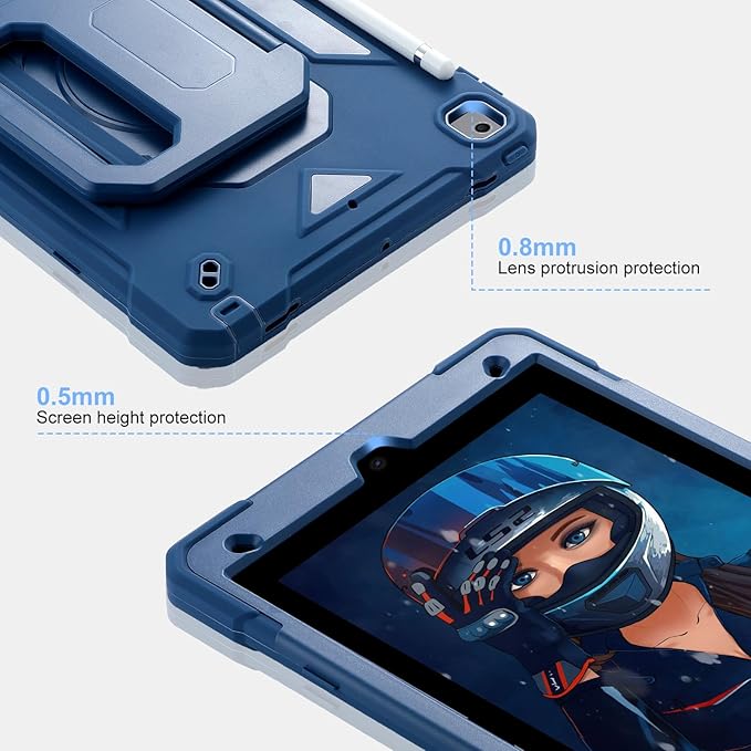 for iPad 9th/ 8th/ 7th Generation Case (iPad 10.2 inch Shockproof Case) with 360 Rotating Grip Magic Stand, Pencil Holder/Keychain/Carrying Shoulder Strap for iPad 10.2 inch (Navy Blue)