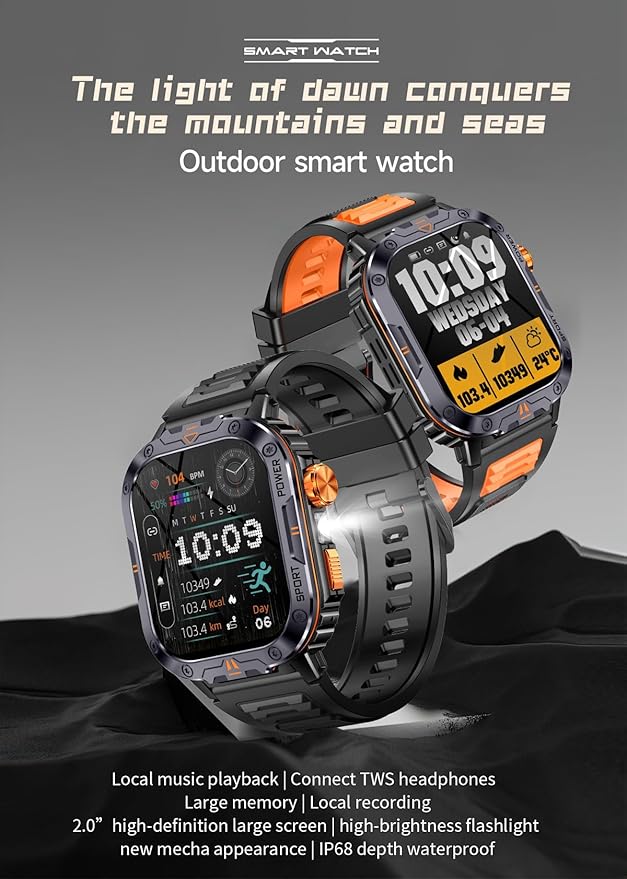 Military Smart Watch for Men (Music Storage), 2.01" Smart Watch for Android and iOS, Fitness Tracker with Flashlight/Connectable TWS Earphones/Health Monitoring/100+ Sports Modes (Orange)