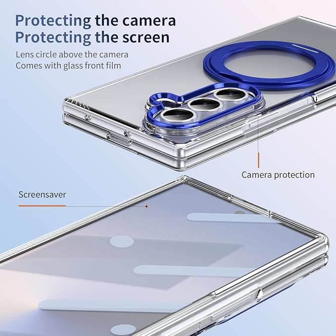 for Samsung Galaxy Z Fold 7 Case with Magnetic Ring Holder, 360 Rotating Bracket, Built-in Front Screen Len Protector, Anti-Yellowing & Anti-Fingerprint Crystal Clear Case.(Blue)