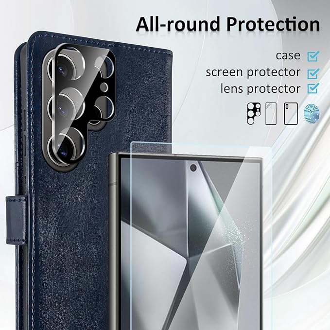 MONASAY Wallet Case Fit for Samsung Galaxy S24 Ultra 5G，[Lens & Glass Screen Protector] [RFID Blocking] Flip Folio Leather Cell Phone Cover with Credit Card Holder, 6.8 inch, Blue