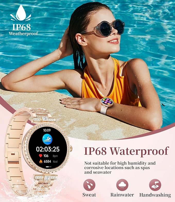 Diamond Smart Watch for Women(Buletooth Call), 1.19" AMOLED HD Display, 100+ Sports Mode Fitness Tracker Watch, 5ATM Waterproof/Pedometer/Sleep Smartwatch Women, iOS Android Smart Watches