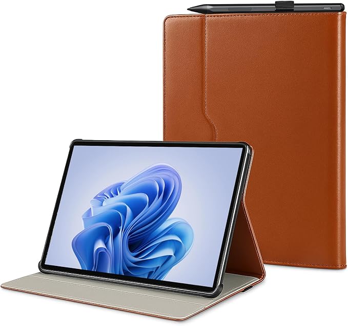 Case for Surface Pro 11/10/9/8, 13 Inch PU Leather Protective Cover with Honeycomb Cooling, Multi-Angle Stand, Stylus Holder, Front Pocket & Hand Strap, Durable Business for Tablet (Brown)