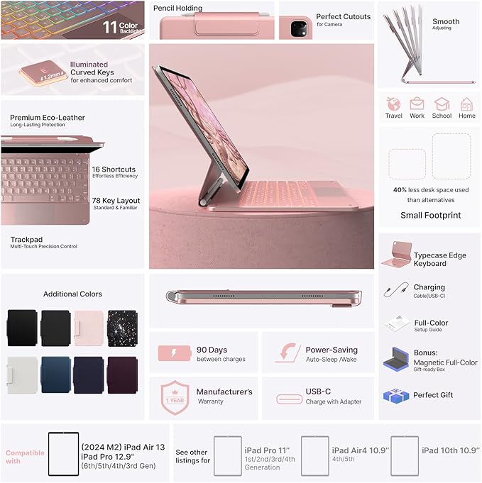 typecase Keyboard Case for iPad Air 13(M3 2025 / M2 2024) and iPad Pro 12.9 (6th, 5th, 4th, 3rd Gen),Magic Keyboard, Easy-Set Magnetic Stand,Multi-Touch Trackpad, 11 Colors Backlight,Rose Gold