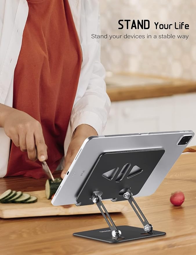 Tablet Stand Holder for Desk, Adjustable Desktop Tablet Holder, Foldable Aluminum Tablet Mount for iPad pro 12.9, iPad Air Mini, Samsung Galaxy Tabs Z Fold Kindle Fire 4-12 inch, Black