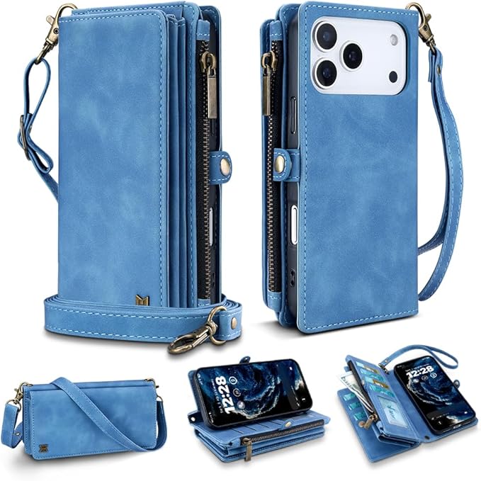 for iPhone 17 Pro Wallet Phone Case with 7 Card Holder,RFID Blocking | PU Leather | Kickstand | Flip | Wrist Strap&Shoulder Strap | Shockproof | Zipper Wallet | Women Men | 6.3" | Sky Blue
