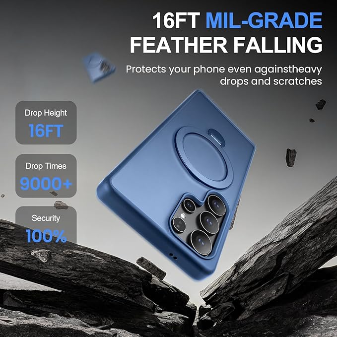 360° Rotatable Stand for Samsung Galaxy S25 Ultra Case Magnetic with Screen Protector X1 & Camera Lens Protector*1, Compatible with MagSafe, 16FT Mil-Grade Shockproof for S25 Ultra Case 6.9",Deep Blue