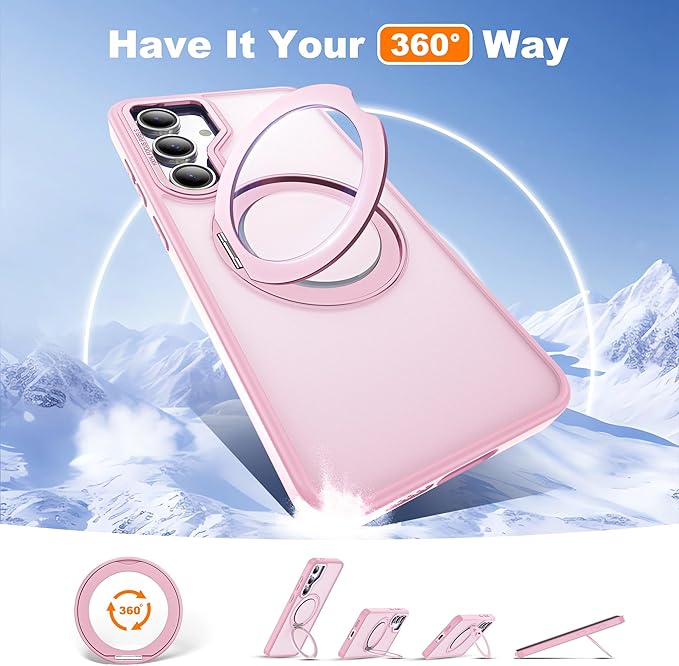 for Samsung Galaxy S24 FE Case with 360° Rotatable Magnetic Ring Stand Compatible with Mag-Safe Military Protection Shockproof Matte Translucent Phone Cases for S24 FE,Pink