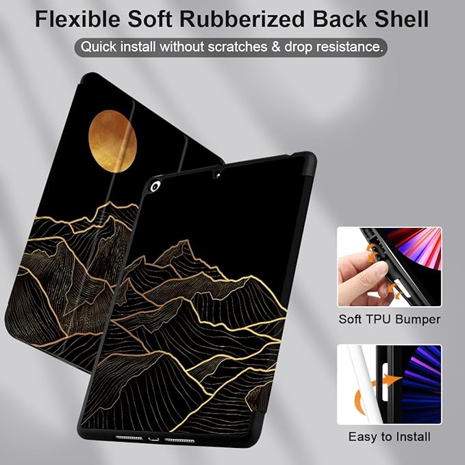 DONGKE Case Compatible with iPad 10.2 Inch 2021 2020 2019 iPad 9th/8th/7th Generation with Pencil Holder, Slim Stand Protective Case with Soft TPU Back, Auto Sleep/Wake Cover, Golden Mountain