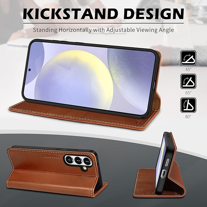 SHIELDON Case for Galaxy S25 6.2", Genuine Leather Flip Wallet Book Case Magnetic RFID Blocking Credit Card Holder Kickstand Shockproof Cover Compatible with Galaxy S25 5G 2025 - Retro Brown