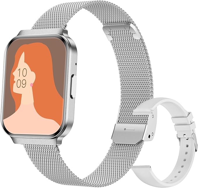 Welfit Women's Smart Watch, 1.75-inch Blood Pressure, Call/Message, Female Cycle Tracking, Heart Rate and Sleep Monitor, IP68 Waterproof for Android and iOS (Silver 2 Straps)